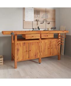 Banco lavoro cassetti e morse 192x62x83cm legno massello acacia