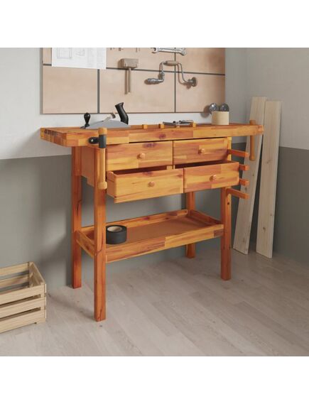 Banco lavoro cassetti e morse 124x52x83cm legno massello acacia