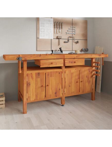 Banco lavoro cassetti e morse 192x62x83cm legno massello acacia