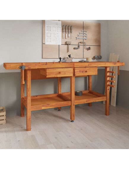 Banco lavoro cassetti e morse 192x62x83cm legno massello acacia