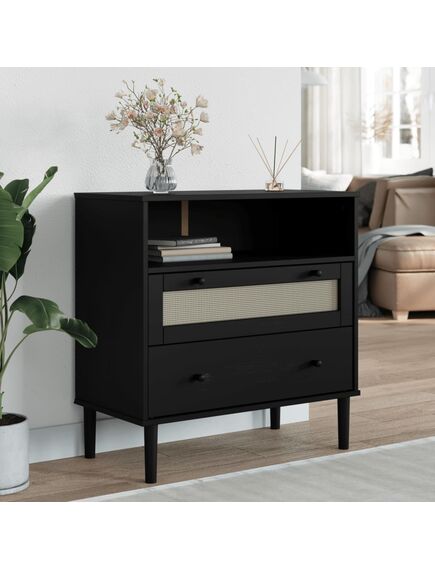 Credenza senja aspetto rattan nero 80x40x80 cm massello pino