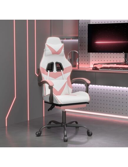 Sedia da gaming girevole poggiapiedi bianca e rosa similpelle