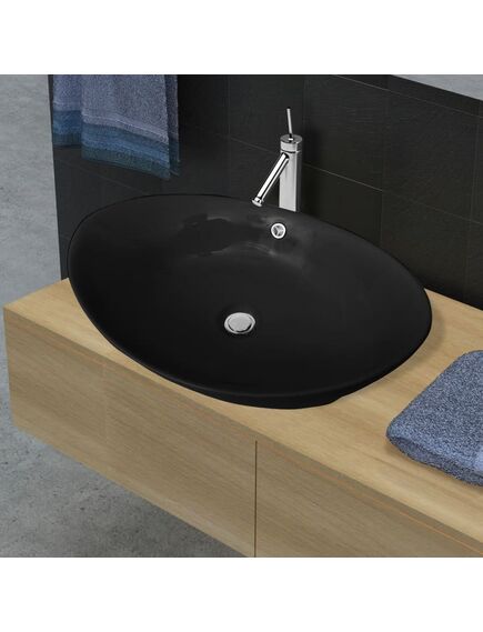 Lavello ovale in ceramica di lusso nero troppopieno 59x38,5 cm