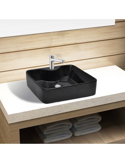 Lavandino bagno in ceramica nera quadrato con foro per rubinetto