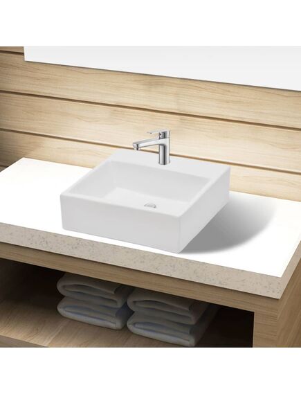 Lavandino bagno in ceramica bianca quadrato con foro rubinetto