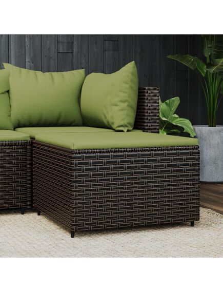 Poggiapiedi da giardino con cuscino in polyrattan marrone