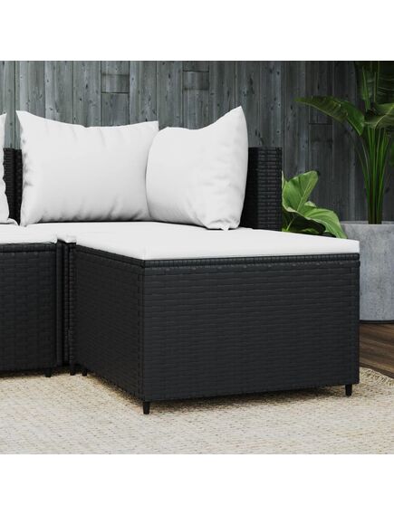 Poggiapiedi da giardino con cuscino in polyrattan nero