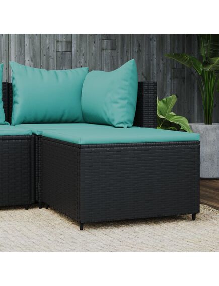 Poggiapiedi da giardino con cuscino in polyrattan nero